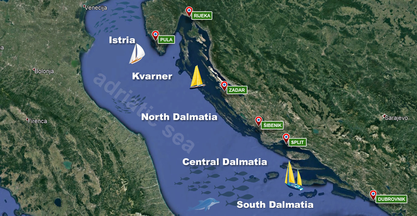 karta image Sailing destinations on map of Adriatic Sea in Croatia